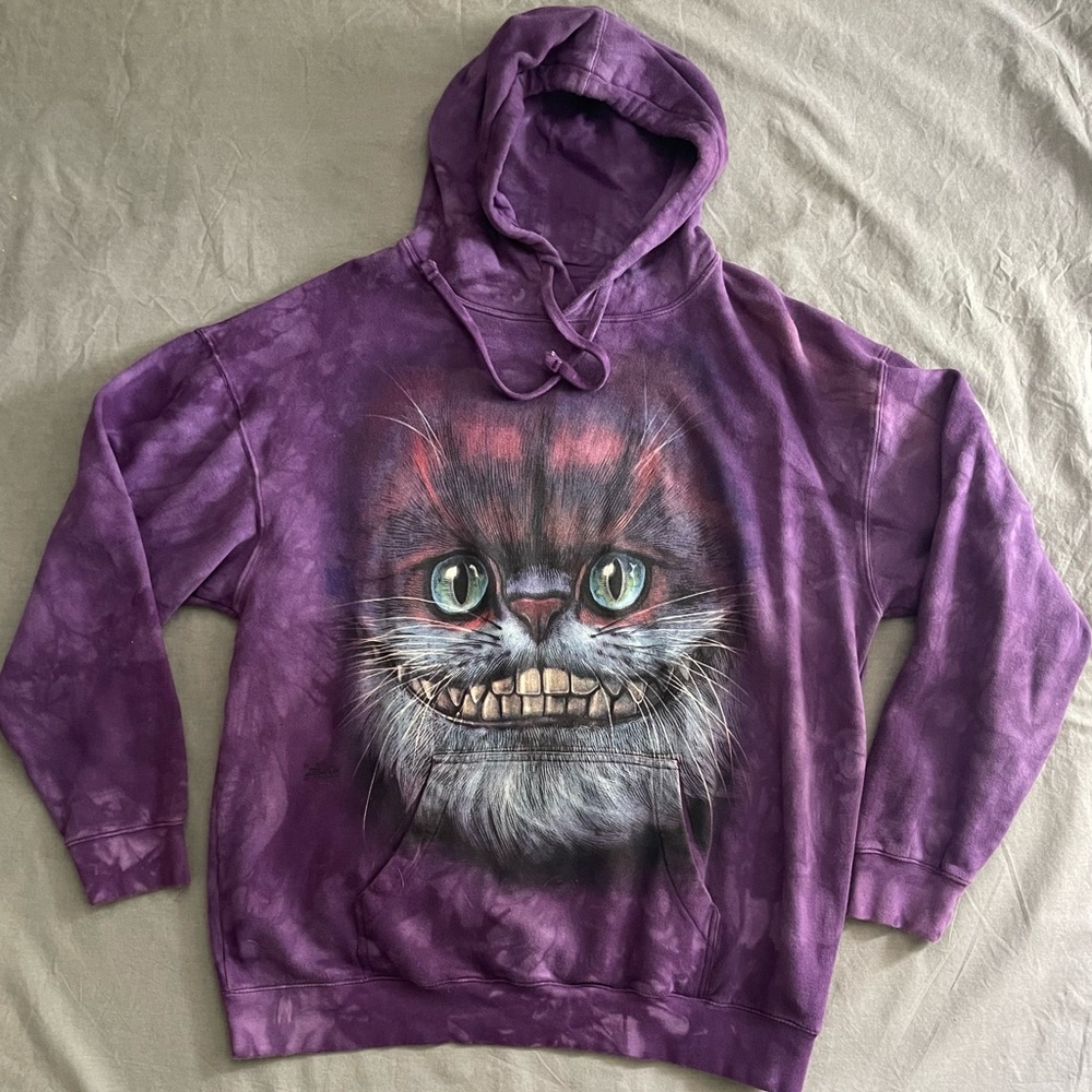 THE MOUNTAIN Purple Tie Dye Big Face Cheshire Cat Pullover Hoodie - Unisex Sz L